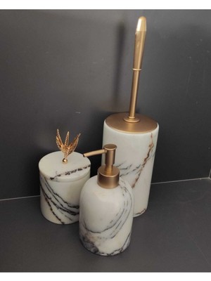 Özbience Şık Mermer Banyo Seti 3'lü: Wc Fırçası, Sıvı Sabunluk, Pamukluk