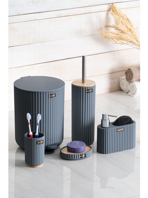 Özbience Şık Gri Çizgili 5 Parça Banyo Seti, Modern ve Fonksiyonel Tasarım