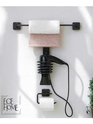 Özbience 3'lü Siyah Uzun Havluluk, Fönlük ve Tuvalet Kağıtlık Seti