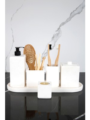 Özbience Mermer Desenli 7 Parça Banyo Seti, Sıvı Sabunluk ve Saksı Dahil