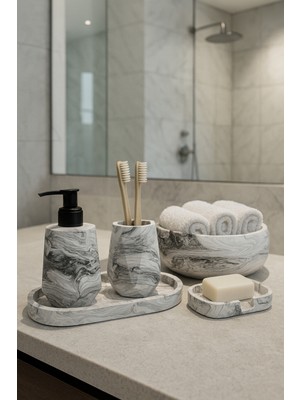 Özbience Mermer Desenli 5 Parça Banyo Seti, Sabunluk, Diş Fırçalık, Havluluk ve Tepsi