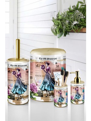 Özbience 4 Parça Metal Banyo Seti, Vintage Gazete Desenli, Click Kapaklı, Şık Tasarım