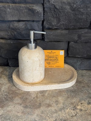 Özbience Traverten Doğal Taş Ikili Banyo Seti, Tepsi ve Sıvı Sabunluk