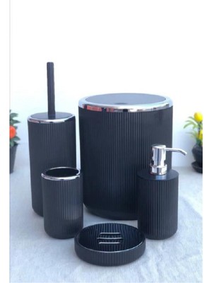 Özbience Şık 5 Parça Banyo Seti, Çöp Kovası, Diş Fırçalık ve Sabunluk (Black & Black)