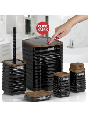 Özbience Siyah Ahşap Desenli Kare Banyo Seti, 5'li, Şık ve Modern Tasarım