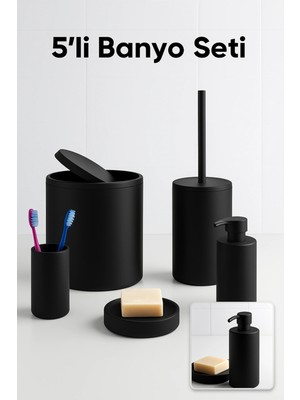 Özbience Siyah 5'li Banyo Seti: Çöp Kovası, Tuvalet Fırçası, Sabunluk ve Aksesuarlar