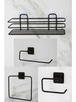 Özbience Siyah Kare Banyo Duş Rafı ve 4'lü Set, Pratik ve Şık Tuvalet ve Havluluk
