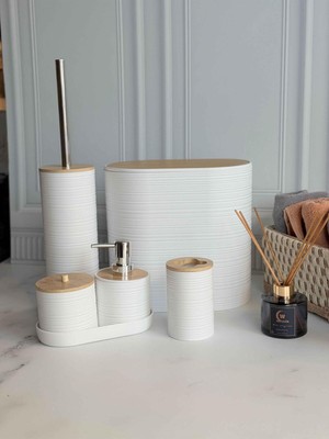 Özbience Şık Akrilik 5 Parça Bambu Kapak Beyaz Banyo Seti