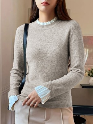 Moderie Butik Kadın Uzun Kollu Fırfırlı Yakalı Triko Krem Bluz