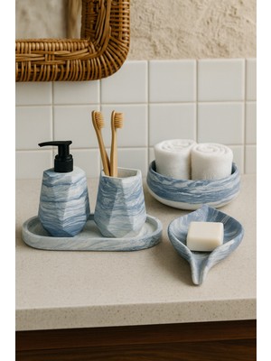 Özbience Mermer Desenli 5 Parça Banyo Seti, Sabunluk, Diş Fırçalık, Havluluk, Tepsi