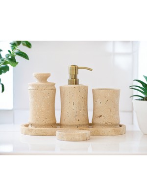 Özbience Şık 5'li Traverten Mermer Banyo Seti, Çelik Pompa ve Oval Tepsi