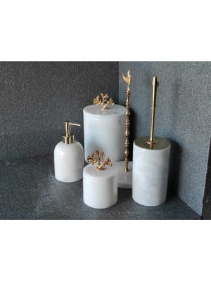 Özbience Beyaz Mermer ve Gold Detaylı 5'li Banyo Seti, Şıklık ve Zarafet Sunar