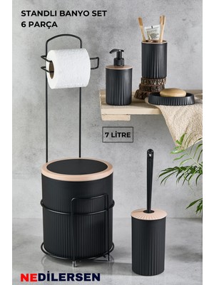 Özbience 6'lı Siyah Metal Standlı Banyo Tuvalet Kağıtlık Seti 7 Litre