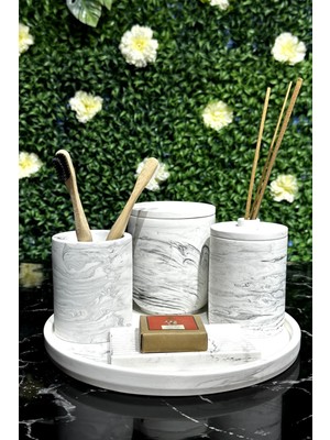 Özbience 6'lı Mermer Desenli Banyo Seti, Diş Fırçalığı, Sabunluk, Pamuk Kutusu