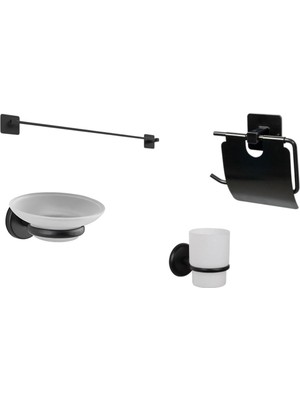 Özbience Pratik Siyah 4 Parça Banyo Seti, Uzun Havluluk ve Kapaklı Kağıtlık