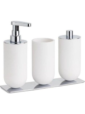 Özbience 3'lü Set Sıvı Sabunluk, Diş Fırçalığı ve Pamukluk Beyaz/krom
