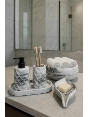Özbience Mermer Desenli 5 Parça Banyo Seti, Sabunluk, Diş Fırçalık, Havluluk ve Tepsi