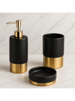 Özbience Primanova Matilda 3'lü Banyo Seti Seramik Siyah Gold Kaplama