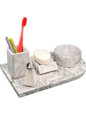 Özbience 5 Parça Beton Banyo Organizer Seti, Sabunluk, Yüzüklük, Diş Fırçalık