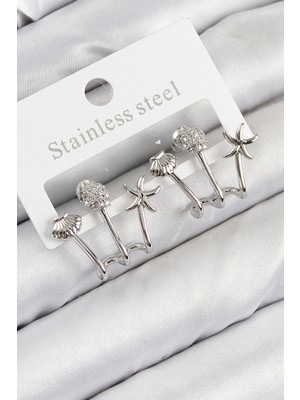 Dktt Pirinç Zirkon Taşlı Deniz Yıldızı ve İstiridye Model Gümüş Renk Kadın Küpe - TJ-BKP11104