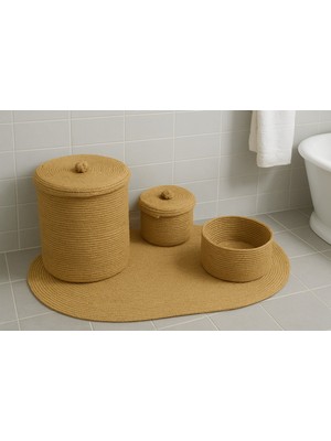 Özbience Doğal Jüt ve Hasır Bambu Banyo Takımı Seti, Sepet ve Halı, Bohem Tarz