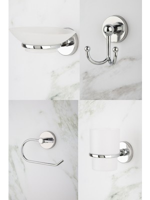 Özbience Krom Açık Banyo Seti: Tuvalet Kağıtlığı, Bornoz Askısı, Diş Fırçalık ve Sabunluk