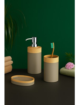 Özbience Bambu Desenli 3'lü Banyo Seti: Sıvı Sabunluk, Diş Fırçalık, Katı Sabunluk