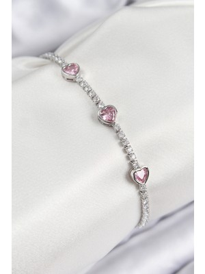 Dktt Pirinç Zirkon Taşlı Pembe Kalp Model Gümüş Renk Kadın Bileklik - TJ-BB7686