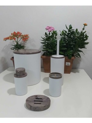 Özbience 5'li Beyaz Banyo Seti, Akrilik Desenli, Çizgili, Yuvarlak, Çöp Kovası