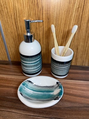 Özbience Modern 3 Parça Seramik Banyo Seti, Siyah-Yeşil-Şeffaf Tasarım