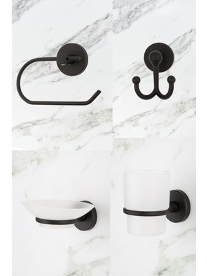 Özbience Siyah Açık Tuvalet Seti: Bornoz Askısı, Diş Fırçalık, Sabunluk, 4'lü Banyo