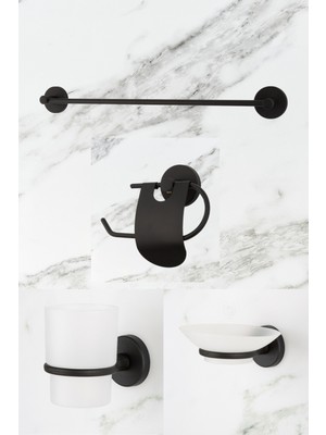 Özbience Şık Siyah Uzun Havluluk ve Banyo Seti, Dar Kapaklı Tuvalet Kağıtlığı ve Diş Fırçalık