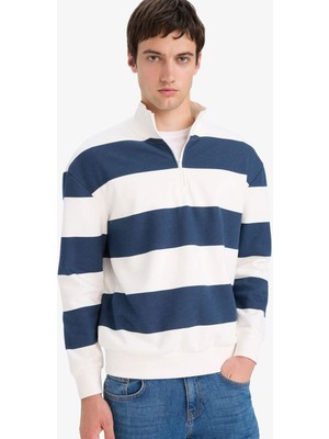 DeFacto Boxy Fit Dik Yaka Yarım Fermuarlı Çizgili Sweatshirt C7045AX25AU
