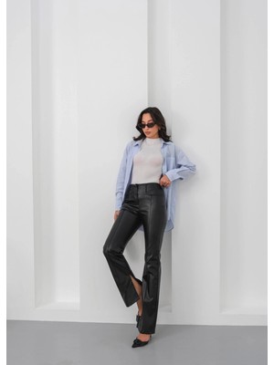 Ispanyol Yırtmaçlı Paça Deri Pantolon Siyah Hn