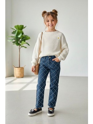 Miniğimin Cicileri Taşlı Baklava Desen Kız Çocuk Kot pantolon - Mavi