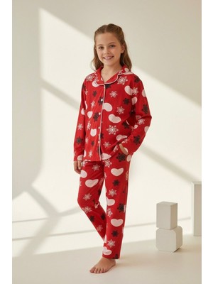 Miniğimin Cicileri Kalp Kar Tanesi Ç Desenli Süet Kız Çocuk Pijama takımı - Kırmızı