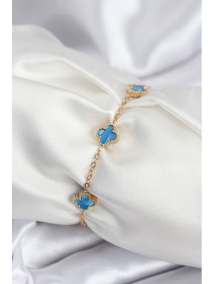 Nuvigo 316L Çelik Gold Renk Buz Mavisi Baby Boy Yonca Kadın Bileklik - TJ-BB7948