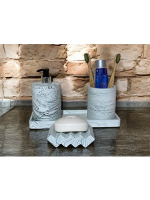 Özbience Modern Mermer Detaylı Beton Banyo Aksesuar Seti, 4 Parça, Şık ve Kaliteli