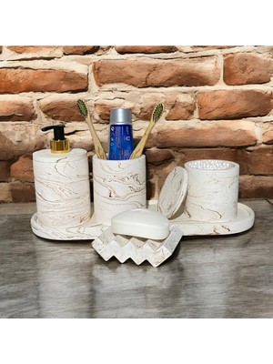 Özbience Modern Mermer ve Beton Tasarımlı 5 Parça Banyo Aksesuar Seti