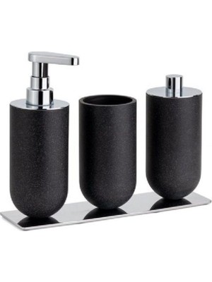 Özbience 3'lü Banyo Seti: Sıvı Sabunluk, Diş Fırçalığı ve Pamukluk, Siyah/krom