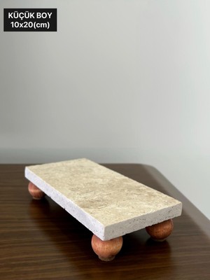 Traverten Mermer Yağlık Standı, Ahşap Misket Ayak, 20X10CM, Şık Sunum