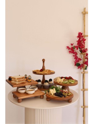 5'li Katlı Kek ve Pasta Standı Seti, Ahşap, 25 cm ve 17X25 cm Ölçüler