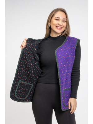 Eliş Şile Bezi Kolsuz Meryem Çift Taraflı Cepli Pazen Kışlık Yelek Siyah/mor Syh/mr