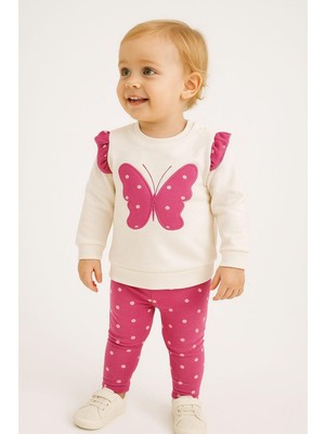 Dinamik çocuk Kız Bebek Takım Kelebek Puantiye Desenli Kol Detaylı Aylık Mevsimlik 2li Alt Üst 3-6-9-12AY