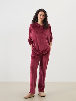LC Waikiki Dream Bordo Kapüşonlu Kadife Kadın Pijama Üstü