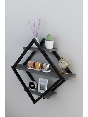 Alpa Ev Mobilya Modern Baklava 3 Katlı Dekoratif Duvar Rafı Metal Çerçeve Kitaplık Çiçeklik Aksesuar Rafı