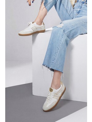 Marjin Kadın Sneaker Bağcıklı Retro Spor Ayakkabı Denor Altın