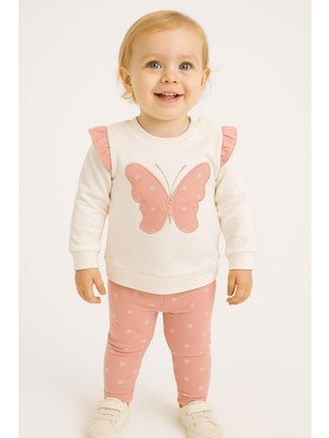 Dinamik çocuk Kız Bebek Takım Kelebek Puantiye Desenli Kol Detaylı Aylık Mevsimlik 2li Alt Üst 3-6-9-12AY