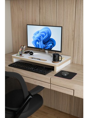 Alpa Ev Mobilya Ergonomik Mdf Monitör Standı Ekran Yükseltici Masaüstü Düzenleyici Organizer Telefon-Bardak Bölmeli