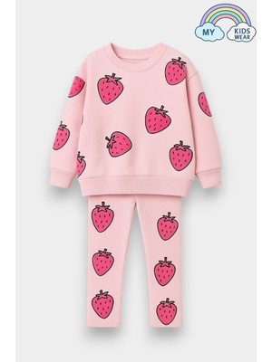 My Kids Wear Kız Çocuk Çilek Desenli 3 Iplik Şardonsuz Sweatshirt Tayt Takım 2-10 Yaş 12345